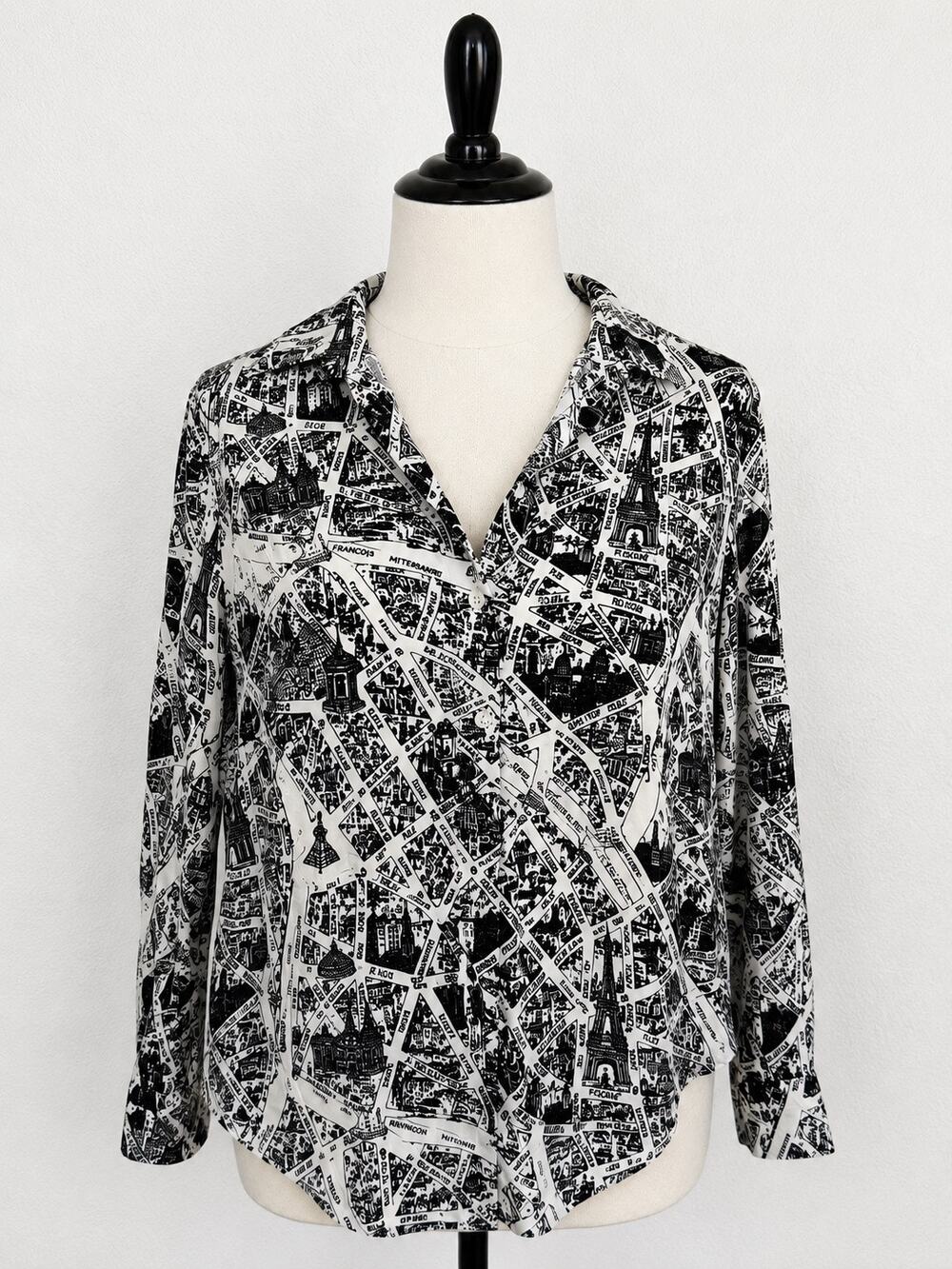 L’AGENCE Silk Blouse Small Black White Paris Map Print High Low Button Down